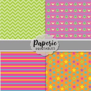 May include: Four digital paper designs for printing. The first design is a green chevron pattern. The second design is a pink background with a repeating pattern of blue owls and pink hearts. The third design is a pink and yellow striped pattern. The fourth design is an orange background with a repeating pattern of multi-coloured stars.