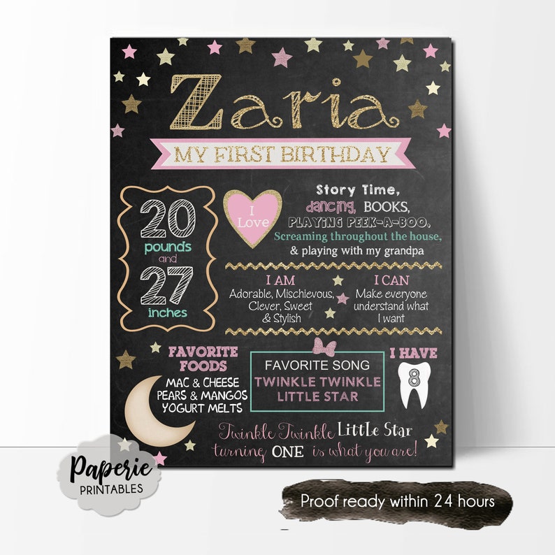 Twinkle Twinkle Little Star Birthday Milestone Chalkboard Poster Sign \u2013 Birthday Milestone Poster \u2013 Girl \u2013 Photo Prop \u2013 Printable \u2013 ANY AGE\u2013