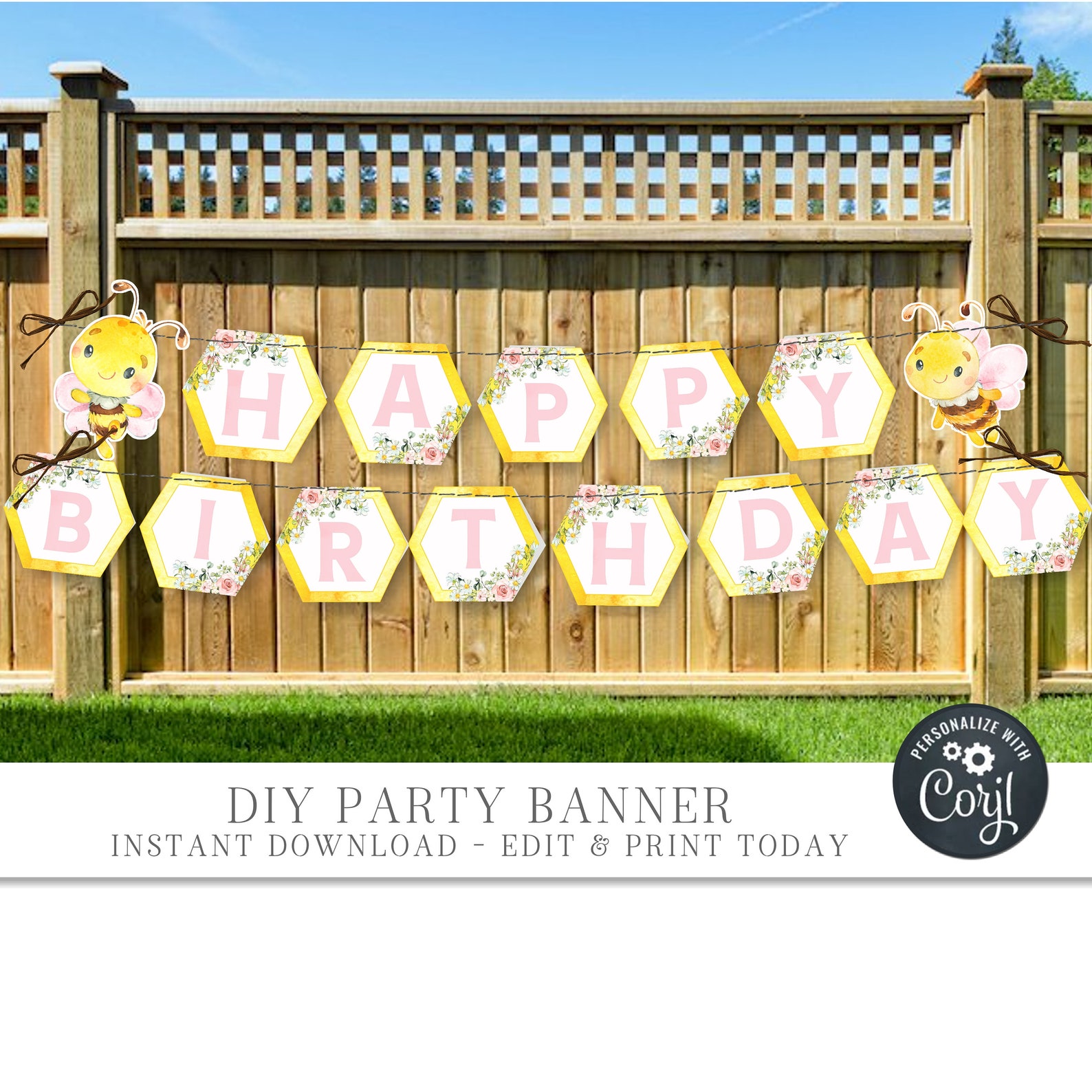 EDITABLE Bee Happy Birthday Banner Bee Happy BEE-DAY Pennant - Etsy