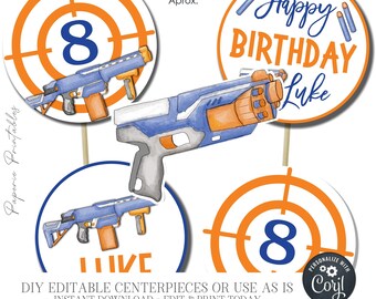 Editable Dart Gun Birthday Centerpiece Decorations, Dart Gun War Birthday Decorations, Foam Dart Shooter Gun Party (Digital Download) #BP167