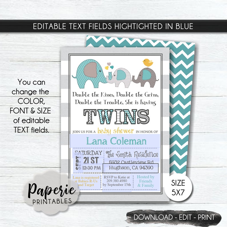 TWINS Elephant Baby Shower Invitation Elephant Baby Shower Etsy