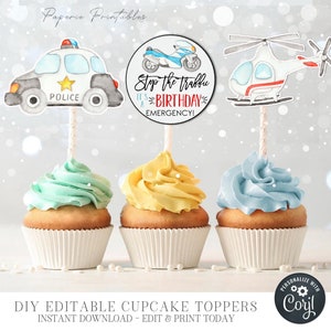 EDITABLE Police Birthday Cupcake Toppers, Police Birthday Decorations, Police Party Decorations, Police Sticker - DIY Edit with Corjl #BP146