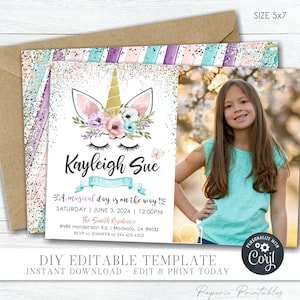 Editable Unicorn Birthday Invitation with Photo, Sisters Unicorn Birthday Template, Twins Unicorn Invitation, Magical - DIY with Corjl #BP87