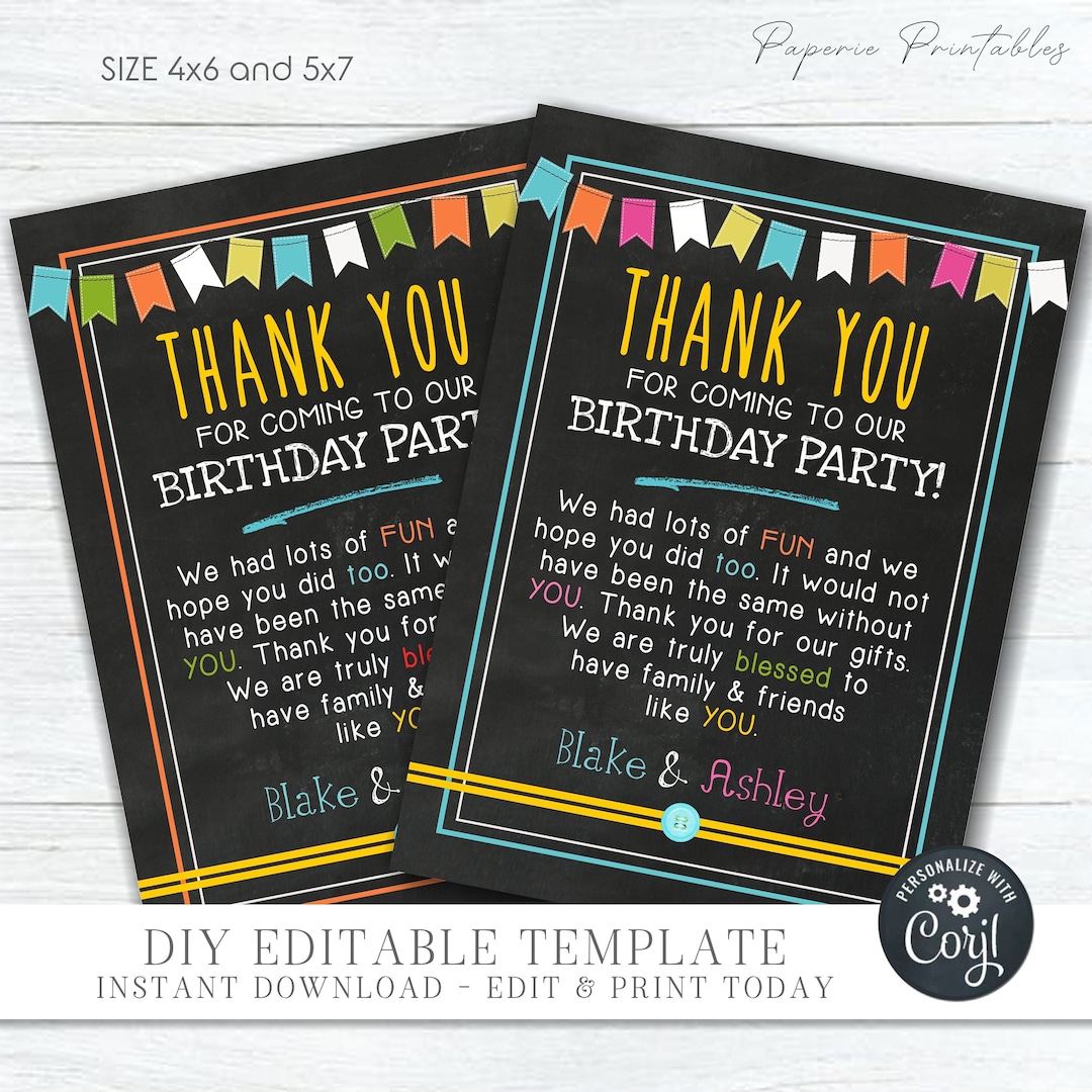 EDITABLE Kids Birthday Thank You Card, Colorful Thank You Card ...