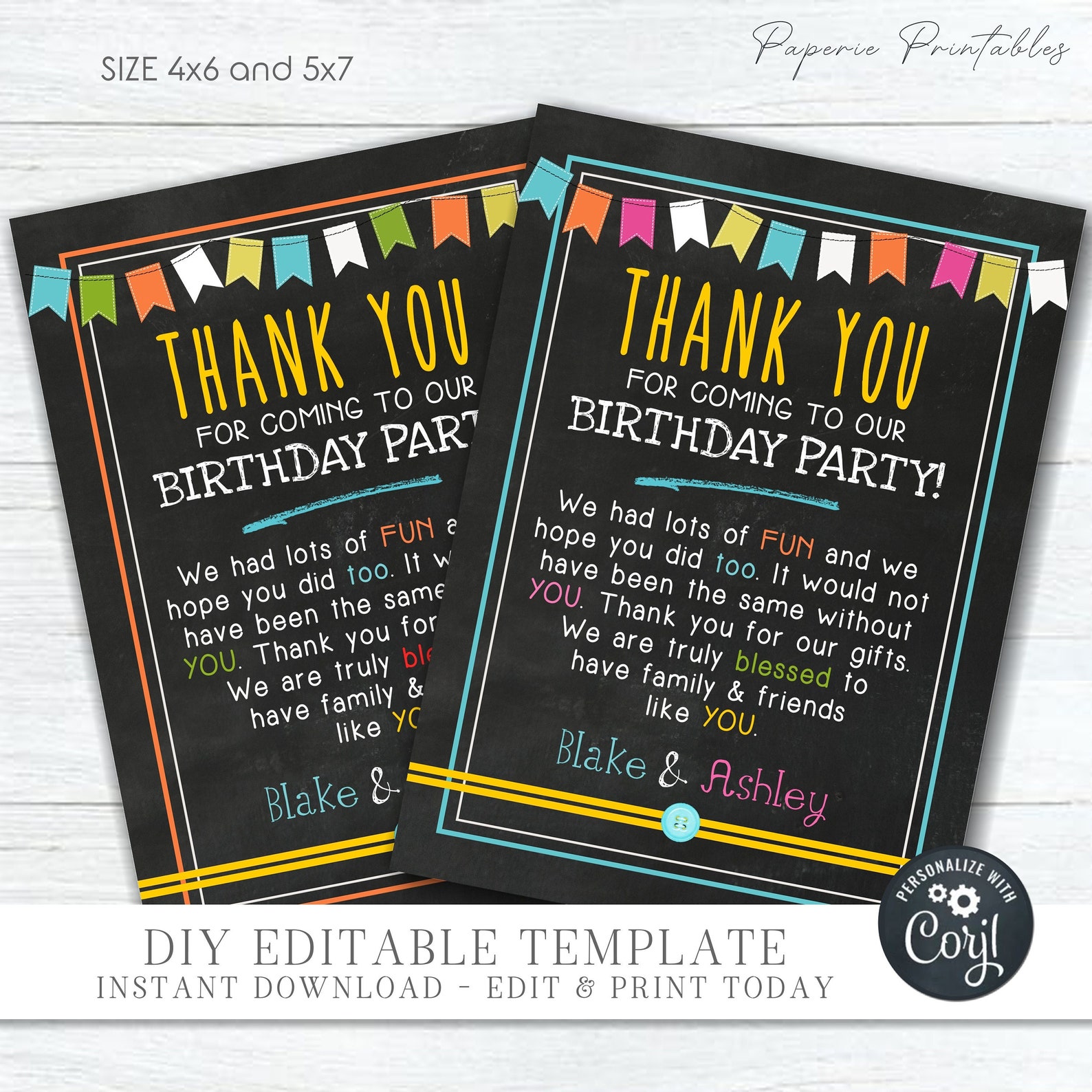 EDITABLE Kids Birthday Thank You Card Colorful Thank You - Etsy