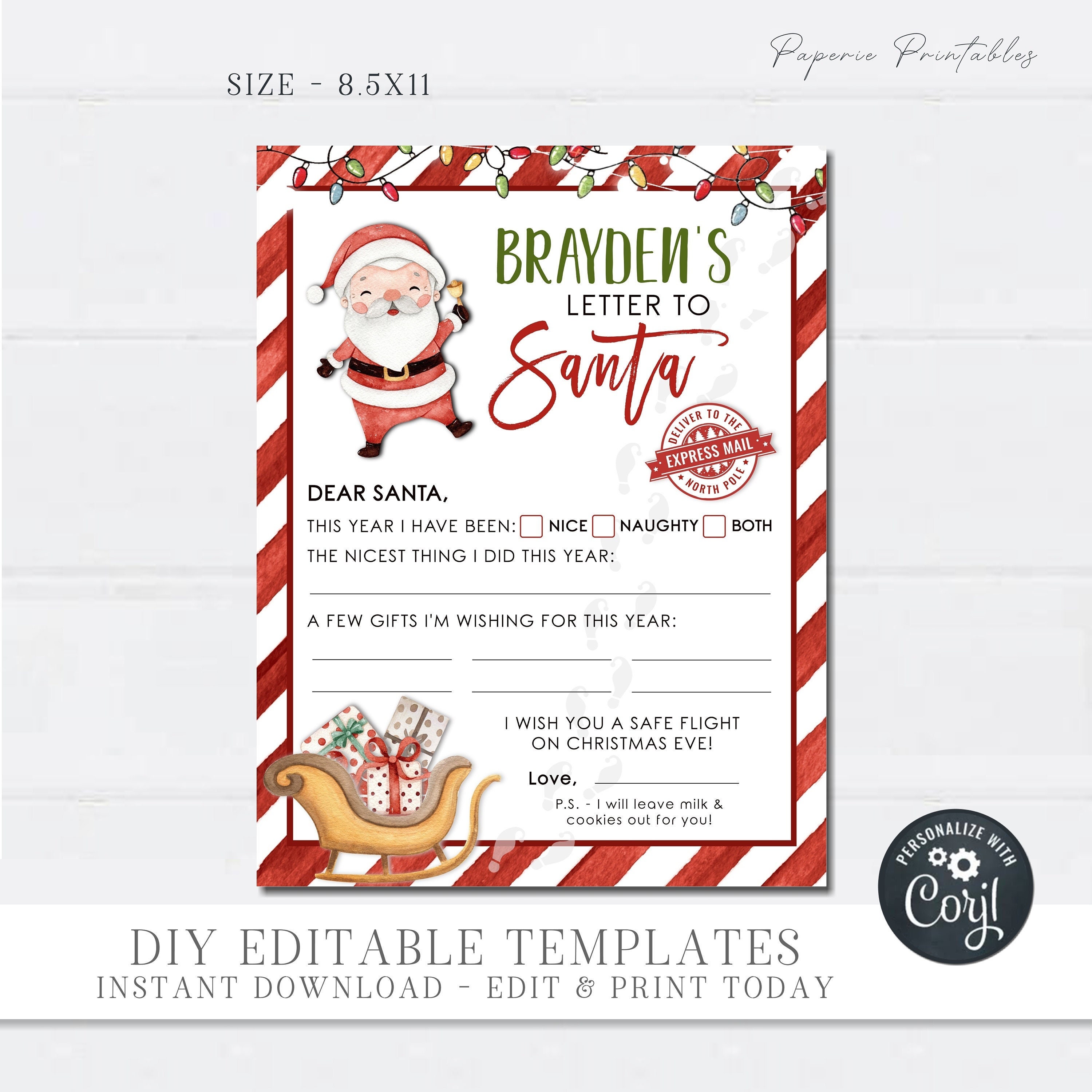 Bewerkbare sjabloon brief aan de kerstman: afdrukbare DIY-kerst (8,5 x 11)  (digitale download) - Etsy België, image size:3000x3000