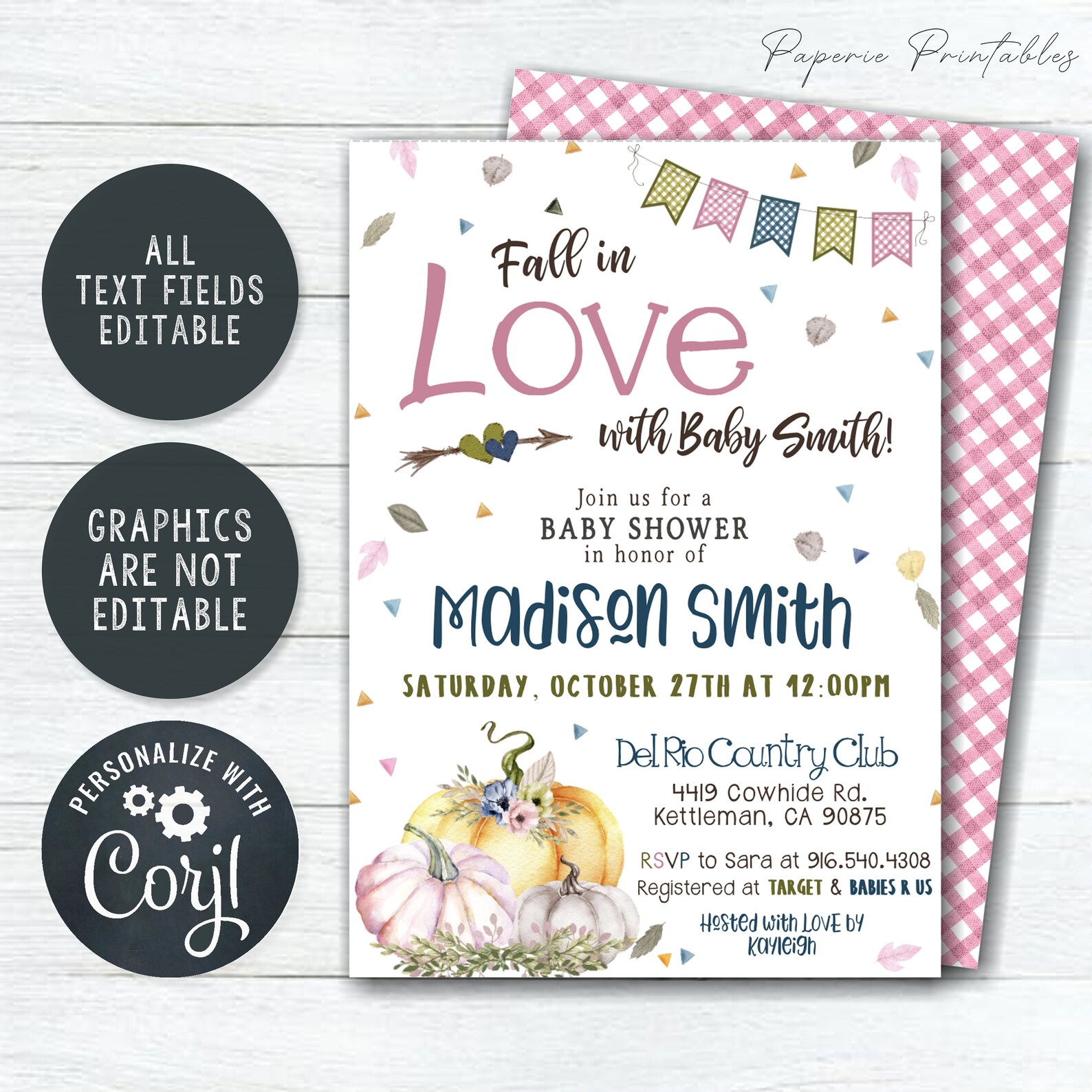 EDITABLE Girl Fall Baby Shower Invitation Fall in Love Baby - Etsy