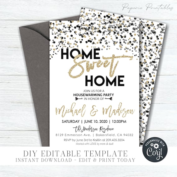 Editable Housewarming Party Invitation: Glitter Confetti Design (DIY Corjl Template)