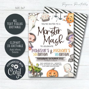 May include: A white invitation with a black and white striped background. The invitation is for a "Monster Mash" party to celebrate Madison's 5th birthday and Michael's 3rd birthday. The invitation features a variety of cute monster characters, including a ghost, a vampire, a witch, a Frankenstein, and a mummy. The invitation includes the date, time, and location of the party, as well as a request for costumes.