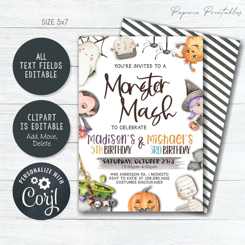 May include: A white invitation with a black and white striped background. The invitation is for a "Monster Mash" party to celebrate Madison's 5th birthday and Michael's 3rd birthday. The invitation features a variety of cute monster characters, including a ghost, a vampire, a witch, a Frankenstein, and a mummy. The invitation includes the date, time, and location of the party, as well as a request for costumes.