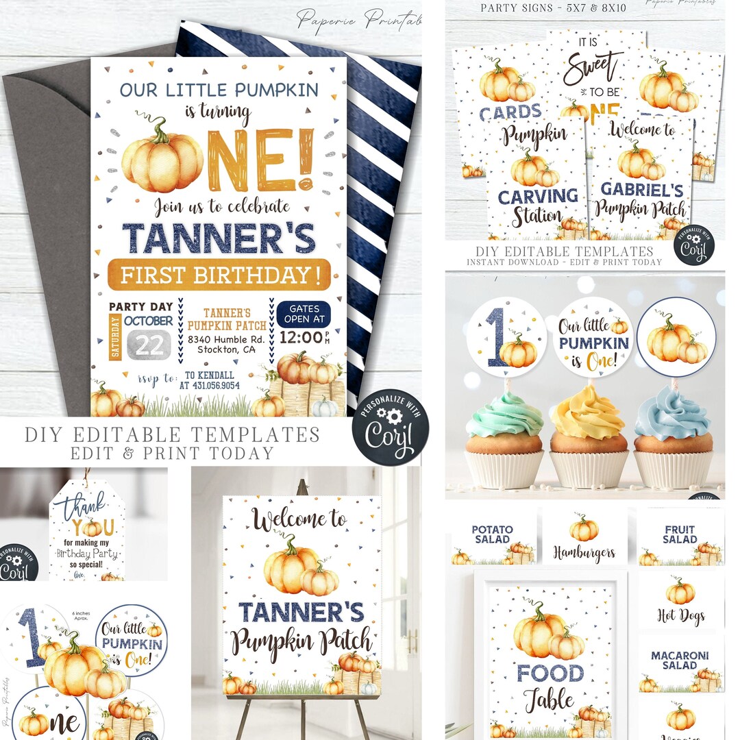 EDITABLE Boy Little Pumpkin Birthday Bundle - Pumpkin First Birthday Party Printables ...