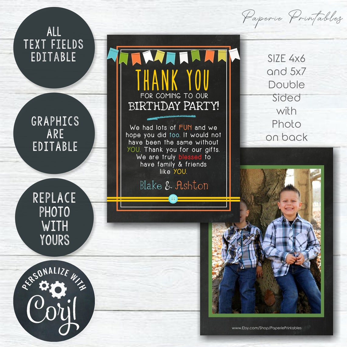 EDITABLE Kids Birthday Thank You Card Colorful Thank You - Etsy