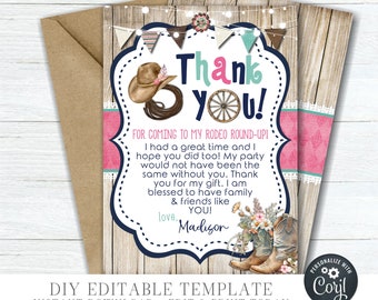 Editable Cowgirl Birthday Thank You Card, Western Birthday Thank You  Card, Birthday Thank You Card Printable, DIY with Corjl - #BP156