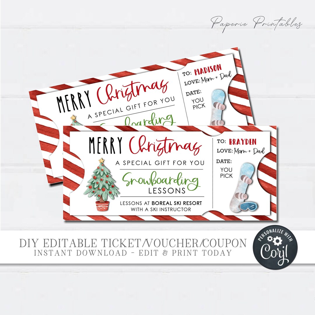 EDITABLE Snowboarding Lesson Voucher, Snowboarding Lesson Gift Coupon