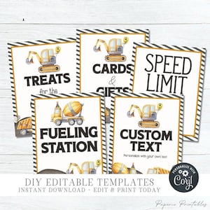 EDITABLE Construction Party Signs, DIY Construction Party Signs, Fueling Station Template, Treats for Crew - DIY Edit with Corjl - #BP48