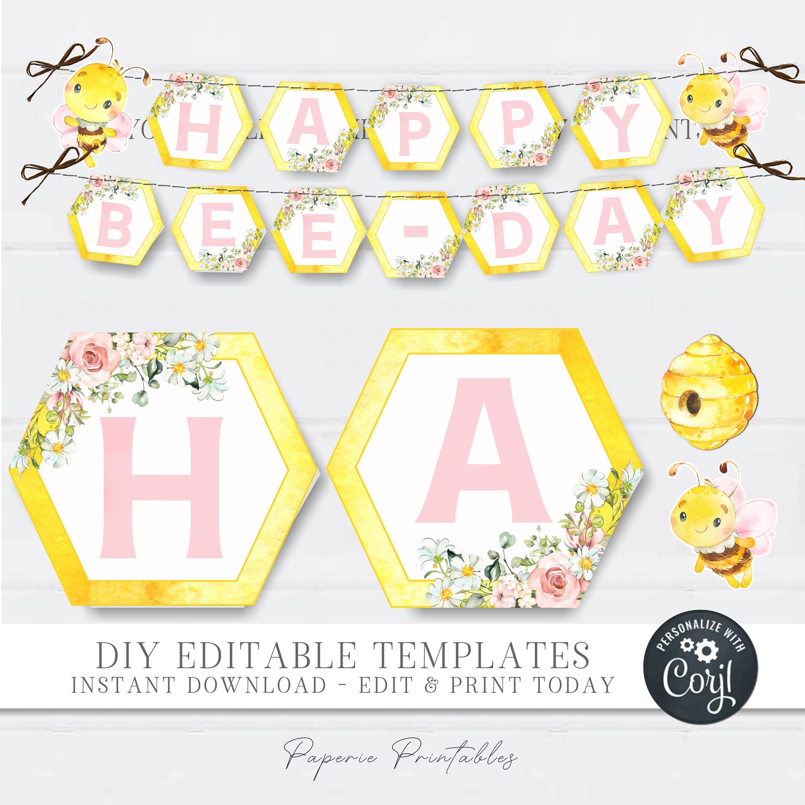 EDITABLE Bee Happy Birthday Banner Bee Happy BEE-DAY Pennant - Etsy