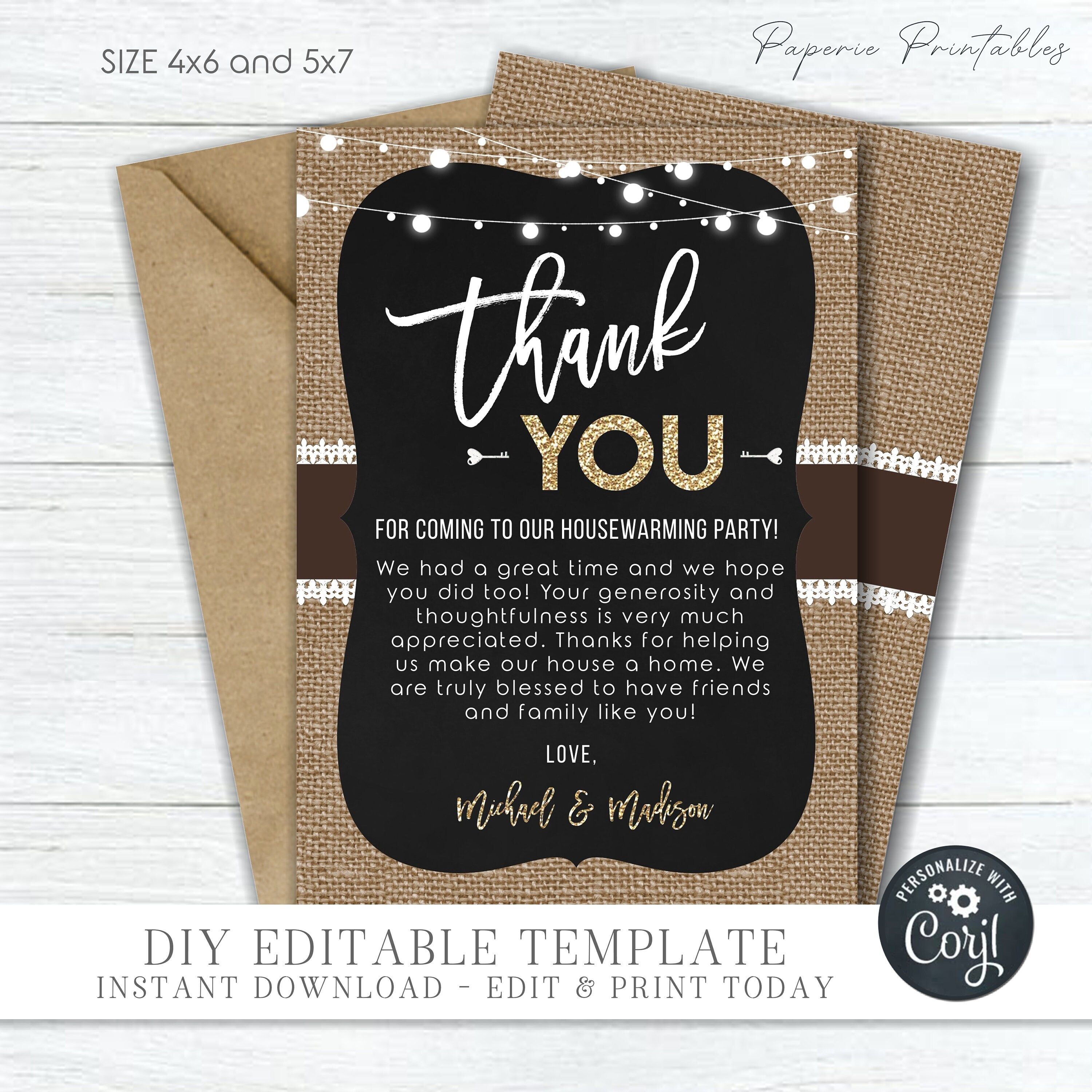 EDITABLE Housewarming Thank You Card Burlap Housewarming Etsy