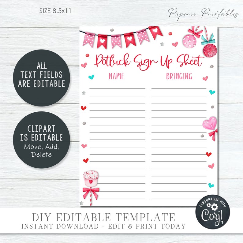 Editable Valentine's Day Potluck Sign up Sheet Potluck - Etsy