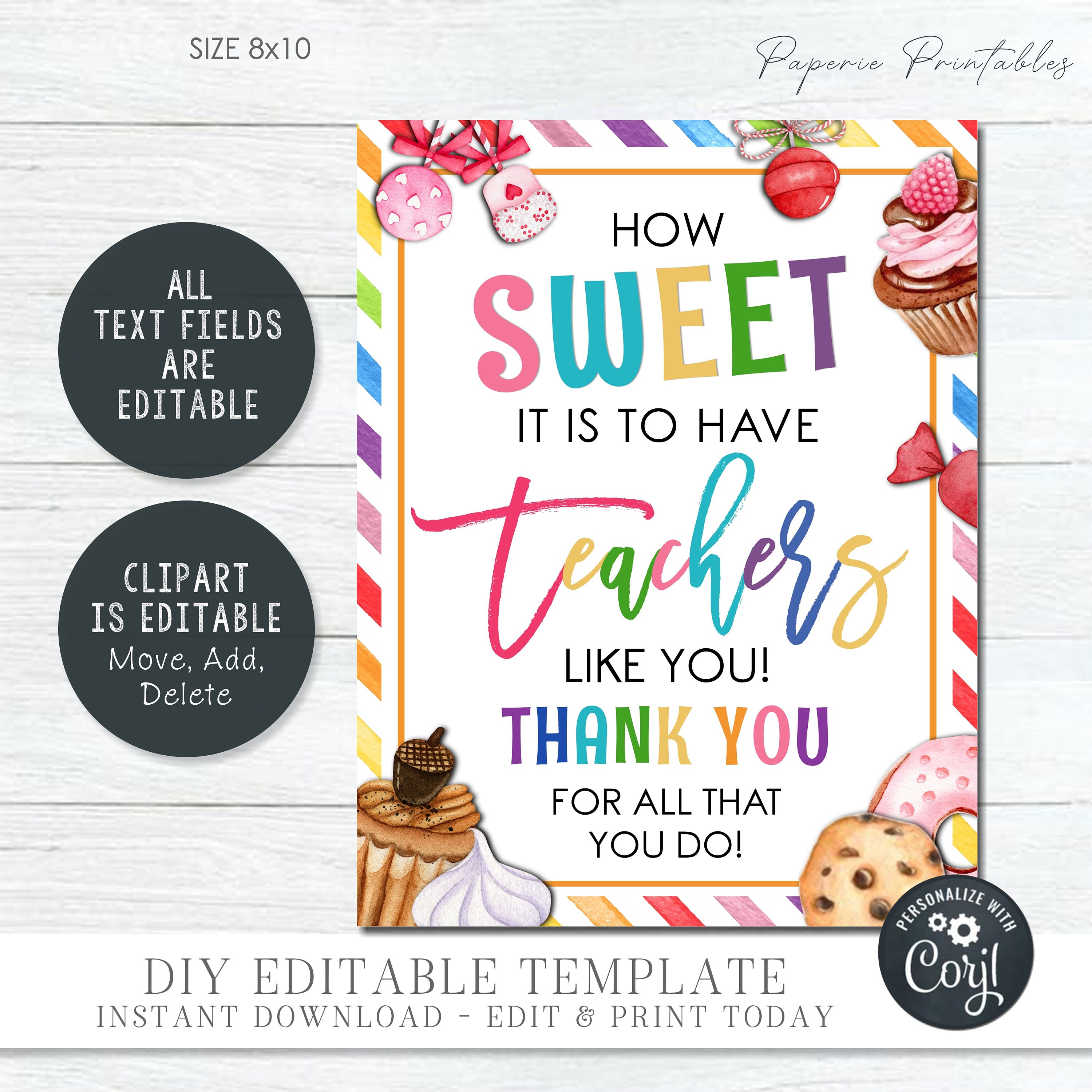Sweets Teacher Appreciation Sign: Editable Printable (digital Download ...
