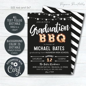 May include: Black graduation BBQ invitation with white text and string lights. The invitation includes the text "Graduation BBQ" in a marquee style, along with event details and the name Michael Bates. The invitation is 4x6 and 5x7 inches.