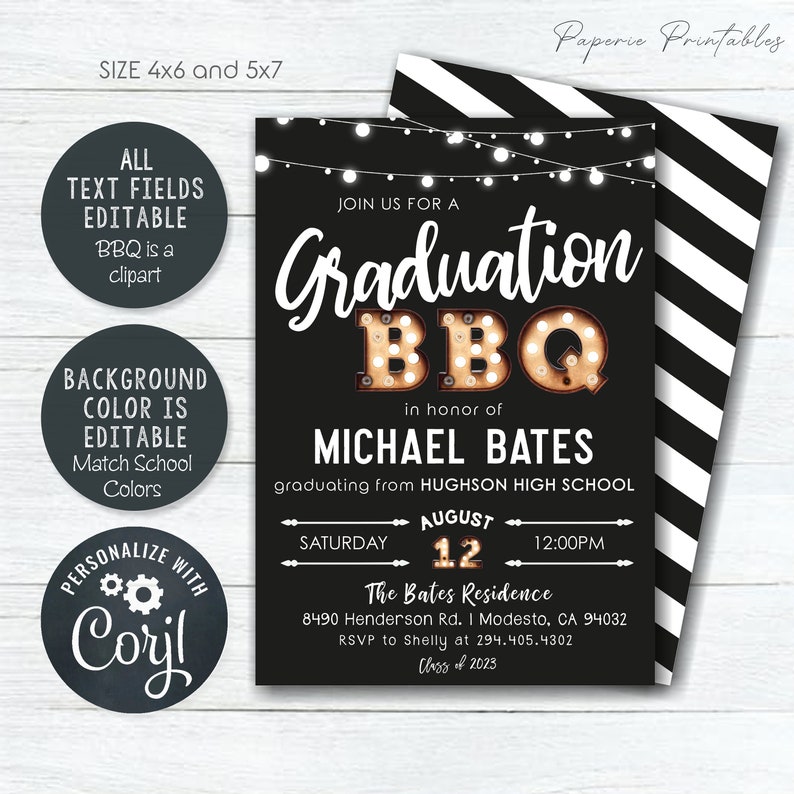 May include: Black graduation BBQ invitation with white text and string lights. The invitation includes the text "Graduation BBQ" in a marquee style, along with event details and the name Michael Bates. The invitation is 4x6 and 5x7 inches.