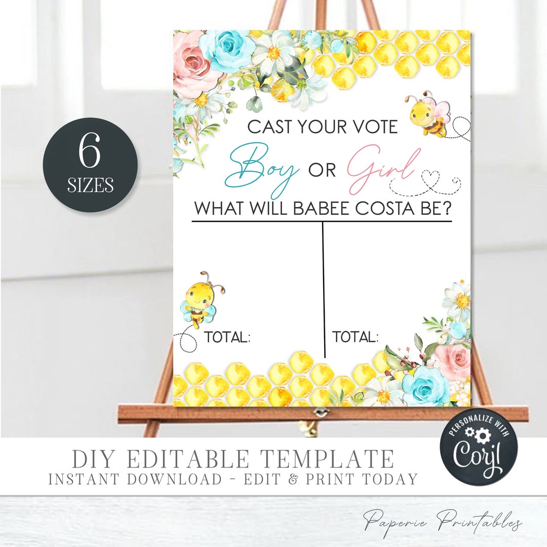 Bee Gender Reveal Game: Cast Your Vote Sign (editable Corjl Template) # ...