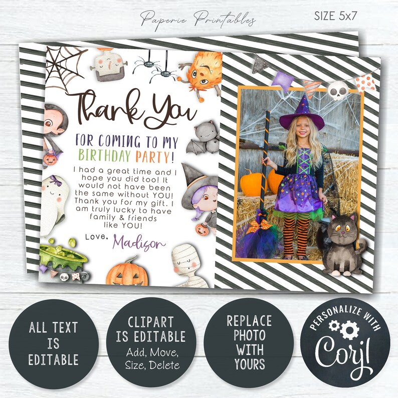 Editable Halloween Birthday Thank You Card (digital Download) #BP129 - Etsy
