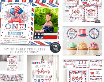 Puede incluir: Decoraciones de fiesta imprimibles para una fiesta de primer cumpleaños con un tema patriótico rojo, blanco y azul. Las decoraciones incluyen un letrero de bienvenida, adornos para cupcakes, etiquetas de comida y una pancarta. El texto en el letrero de bienvenida dice "Bienvenido a la fiesta de cumpleaños de Madison".