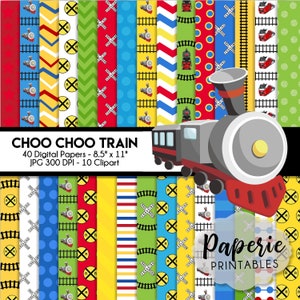 Choo Choo Train Digital Paper - 8.5"x11" Digital Scrapbooking Paper - 40 Papers & 10 Clipart - Train Scrapbook Paper - Instant Download -