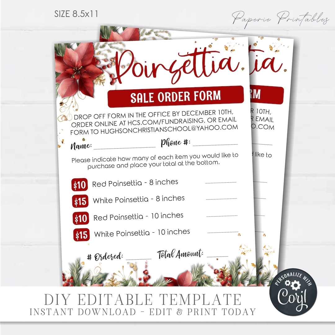 EDITABLE Poinsettia Sale Order Form, Christmas Flower Sale Order Form, Poinsettia Fundraiser