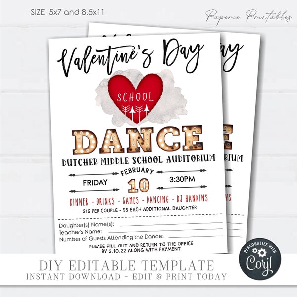 EDITABLE Valentine's Day School Dance Flyer, Valentine's Day Dance Invitation, Sweetheart Dance Flyer Invitation - DIY with Corjl #VP02 (2)