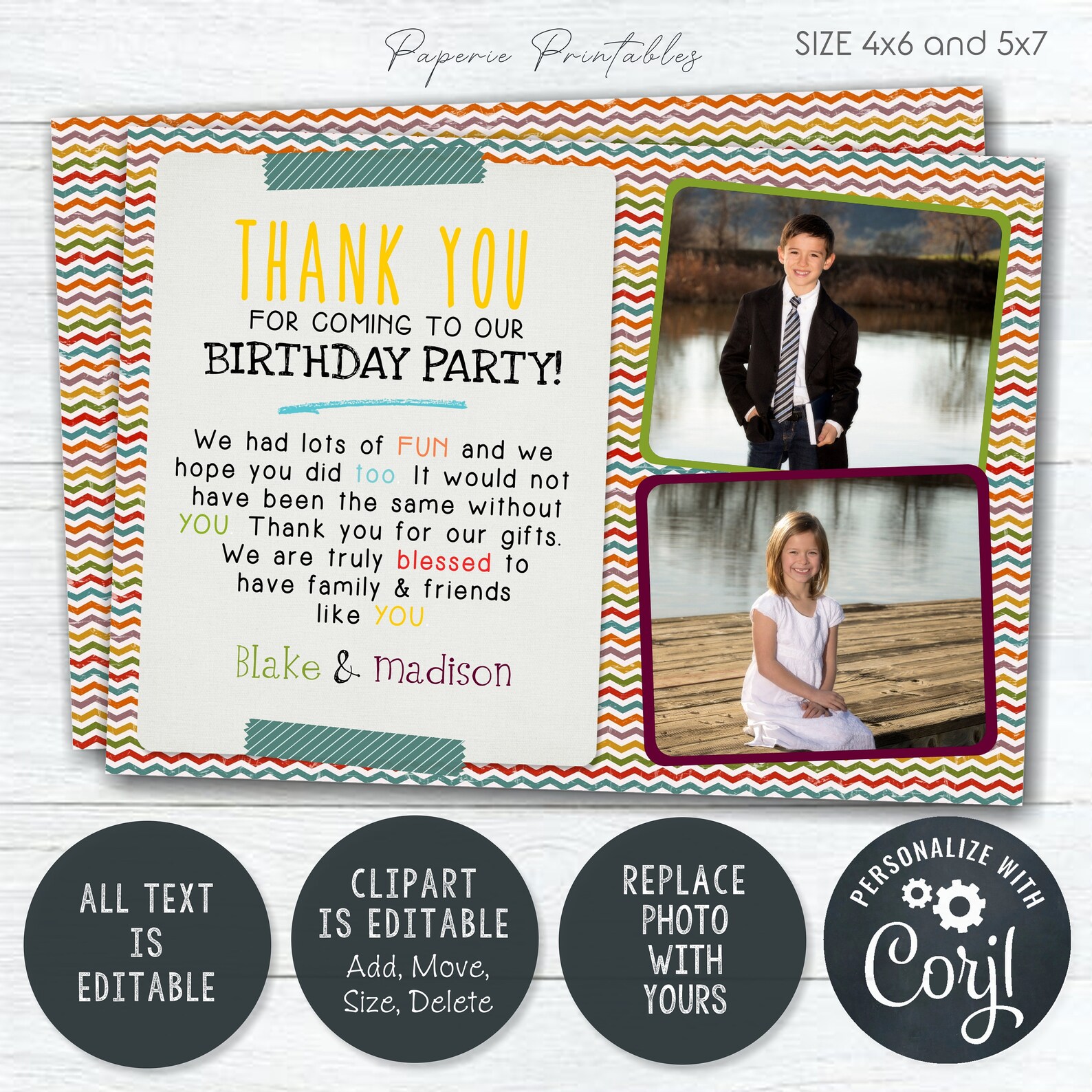 EDITABLE Kids Birthday Thank You Card Colorful Thank You - Etsy