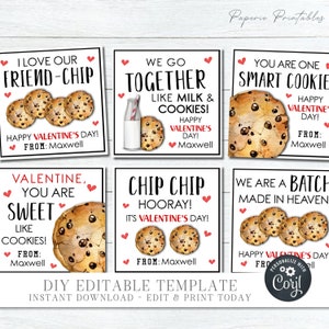 EDITABLE Cookie Valentine Cards, Cookie Valentine Tags, School Valentine Cards, Printable Valentines, Milk and Cookies, DIY Corjl - #VT64(2)