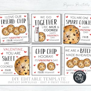 EDITABLE Cookie Valentine Cards, Cookie Valentine Tags, School Valentine Cards, Printable Valentines, Milk and Cookies, DIY Corjl - #VT64(2)