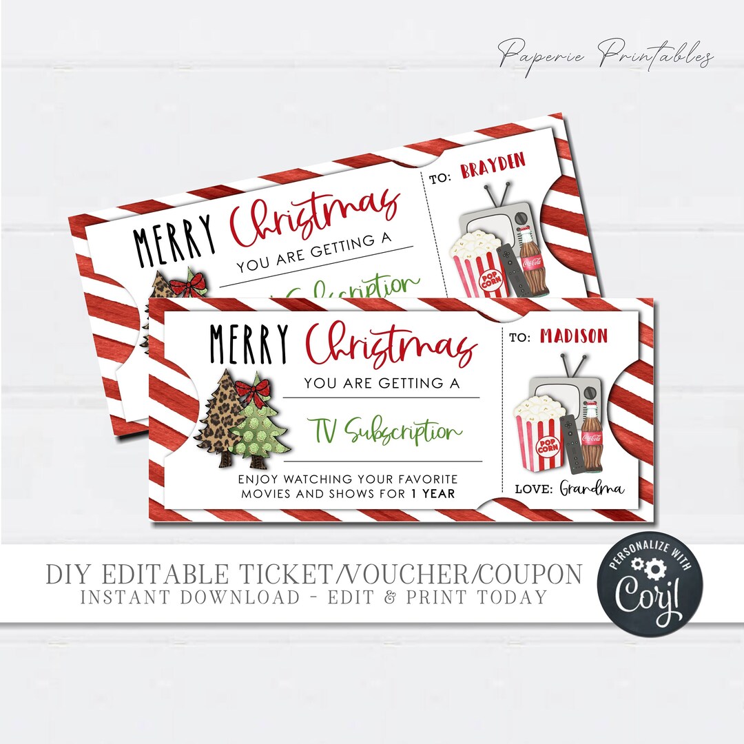 Editable Christmas TV Subscription Ticket: Printable Gift Voucher ...