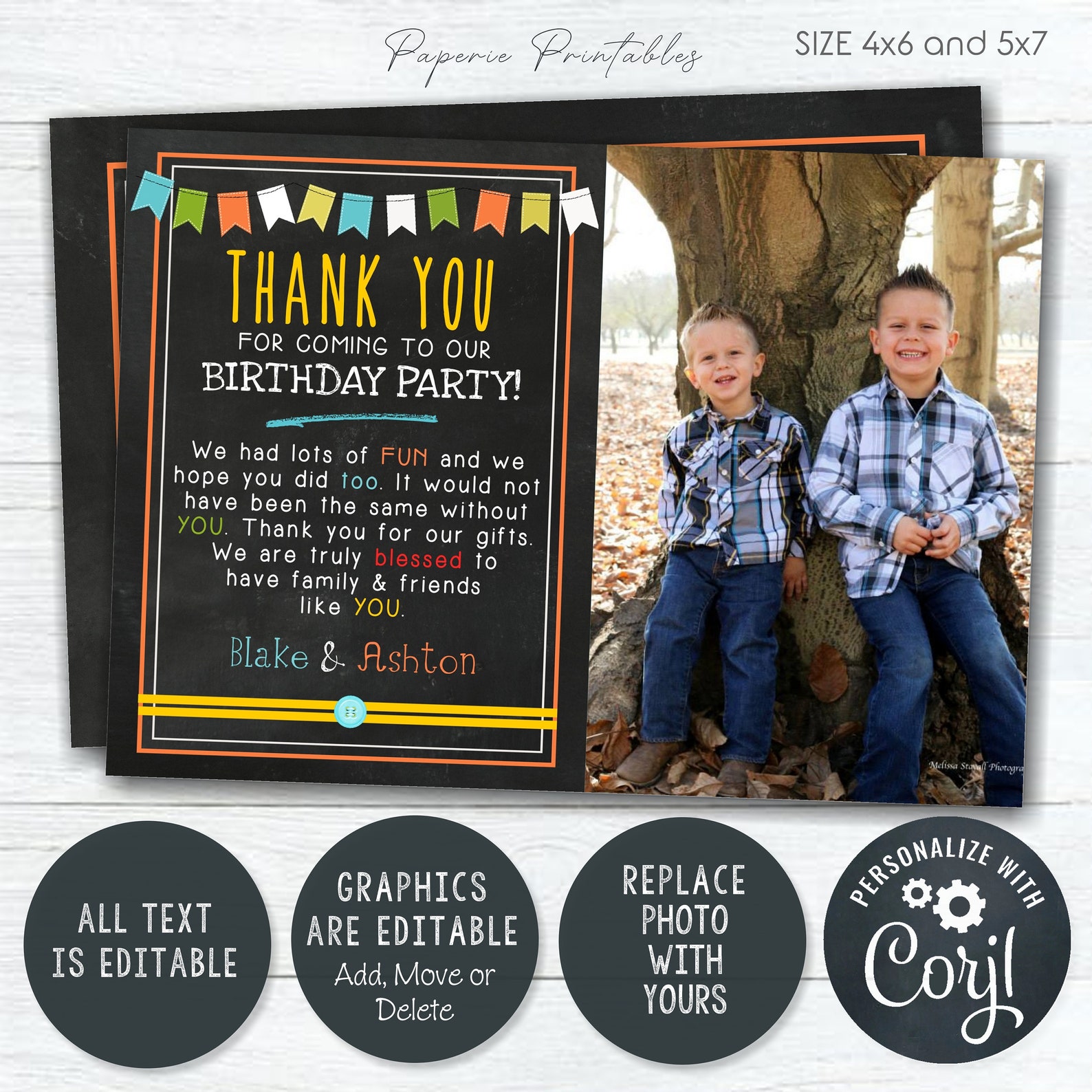 EDITABLE Kids Birthday Thank You Card Colorful Thank You - Etsy