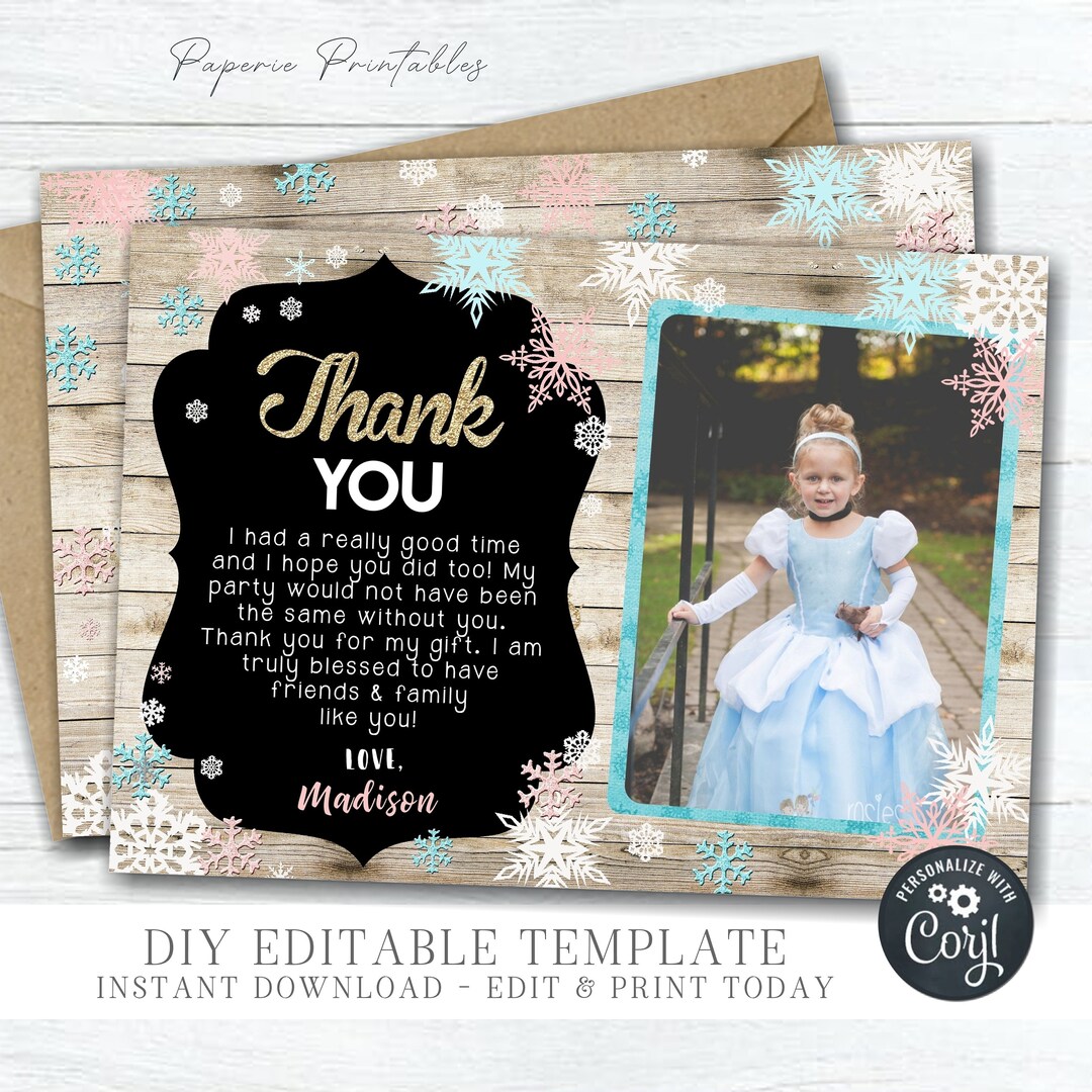 Winter Onederland Thank You Card: Editable Birthday Template (DIY Corjl ...