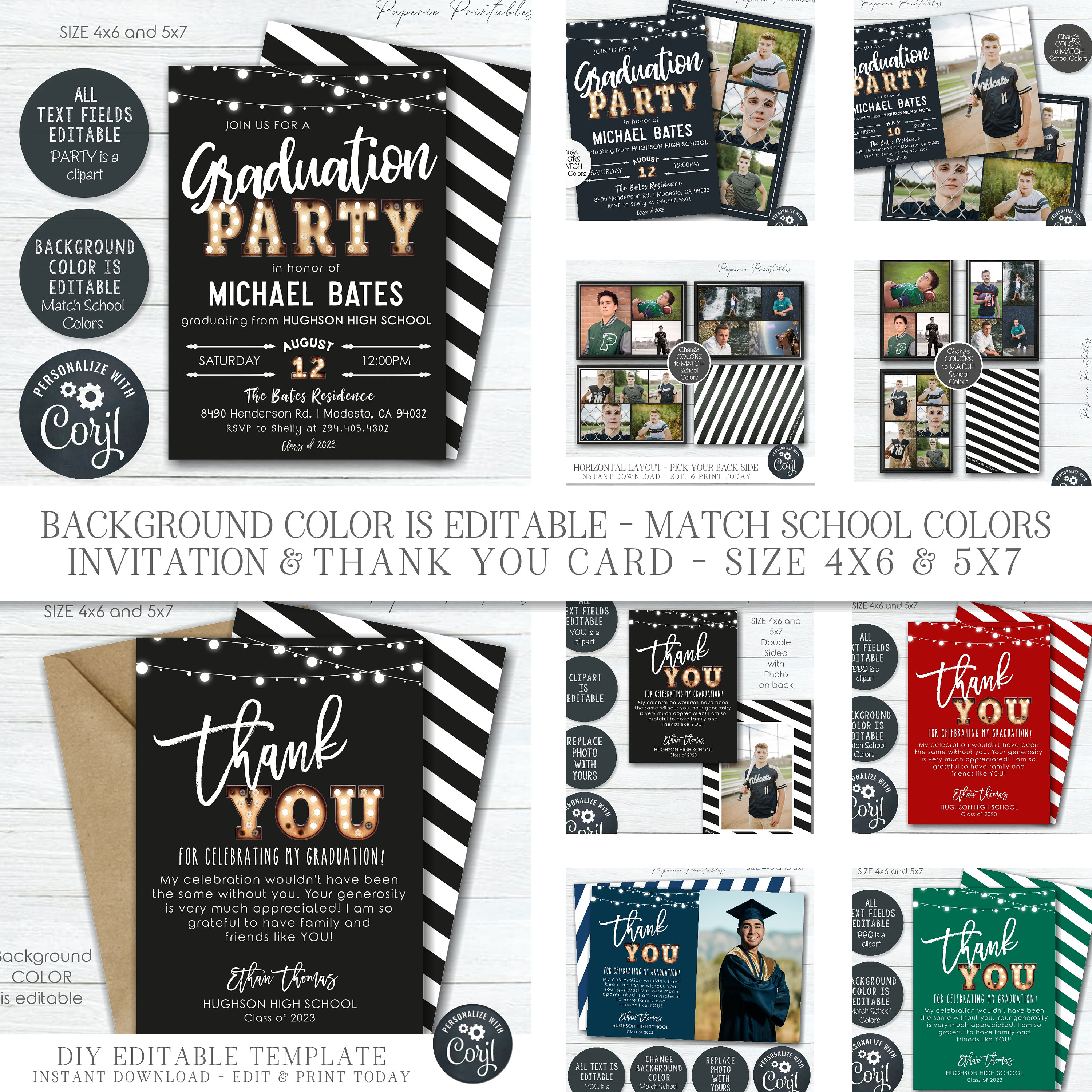 Editable Graduation Party Bundle: School Colors, Invitation, Decor (DIY ...