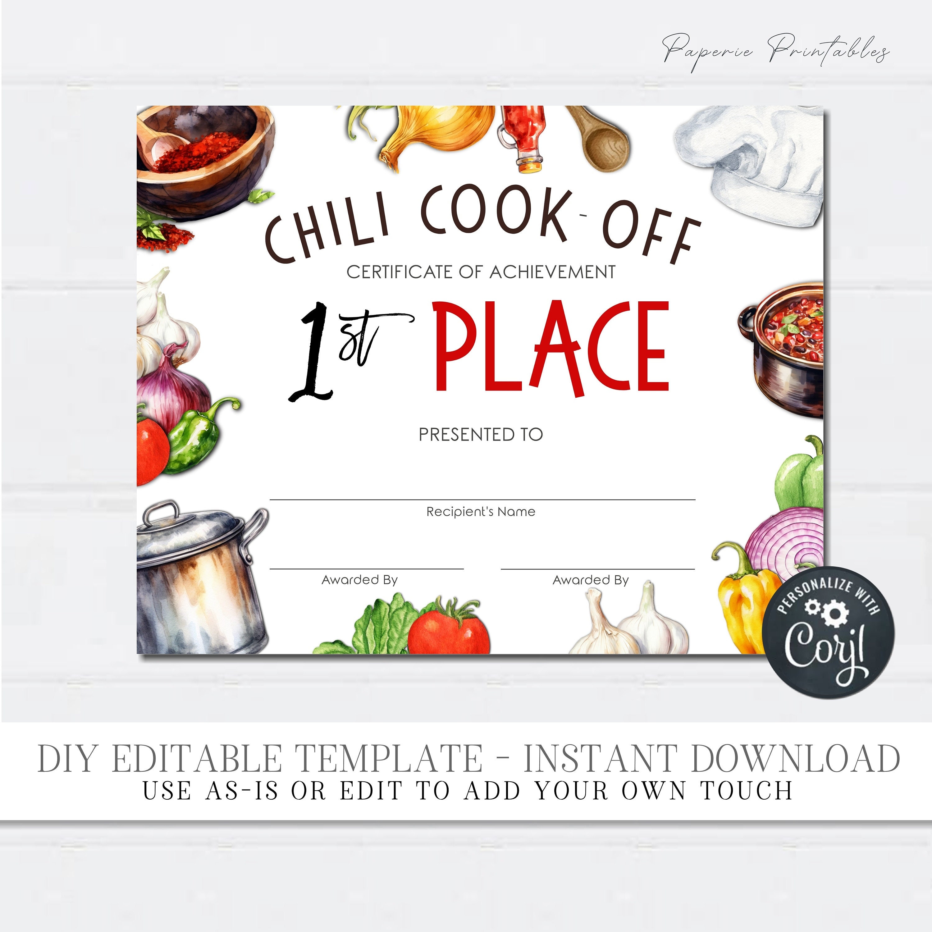 chili cook-off award certificate: editable diy printable (corjl