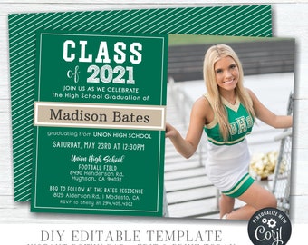 May include: A green and white graduation invitation featuring a photograph of a young woman wearing a green and white cheerleading uniform. The invitation reads "Class of 2021" and includes the graduate's name, graduation date, and location. The invitation also includes details about a reception following the graduation ceremony.