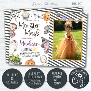 May include: A printable invitation for a Monster Mash birthday party. The invitation features a black and white striped background with a photo frame in the upper right corner. The invitation is decorated with cartoon monsters and the text "You're invited to a Monster Mash to celebrate Madison turning one!" The invitation also includes the date, time, location, and RSVP information.