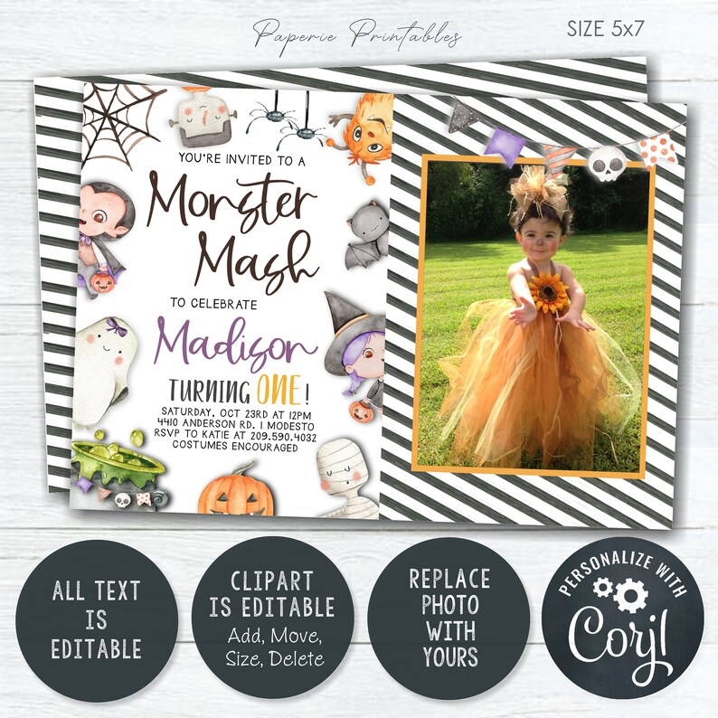 May include: A printable invitation for a Monster Mash birthday party. The invitation features a black and white striped background with a photo frame in the upper right corner. The invitation is decorated with cartoon monsters and the text "You're invited to a Monster Mash to celebrate Madison turning one!" The invitation also includes the date, time, location, and RSVP information.