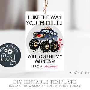 EDITABLE Monster Truck Valentine Cards Kids Valentine Cards School Valentine Tags DIY Editable ...