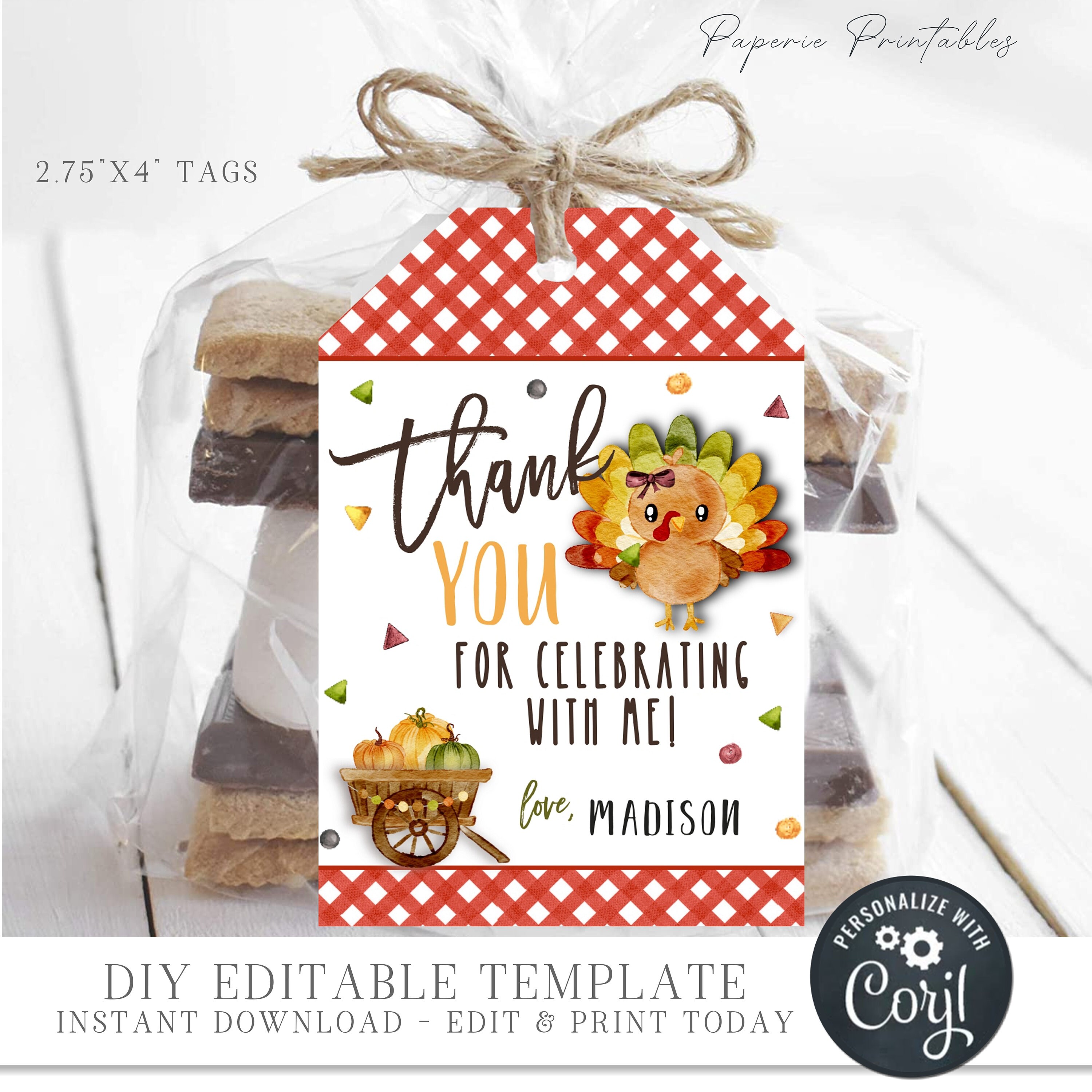 Turkey Tag Email Editable Turkey Birthday Favor Tags: Thanksgiving Party (digital ...