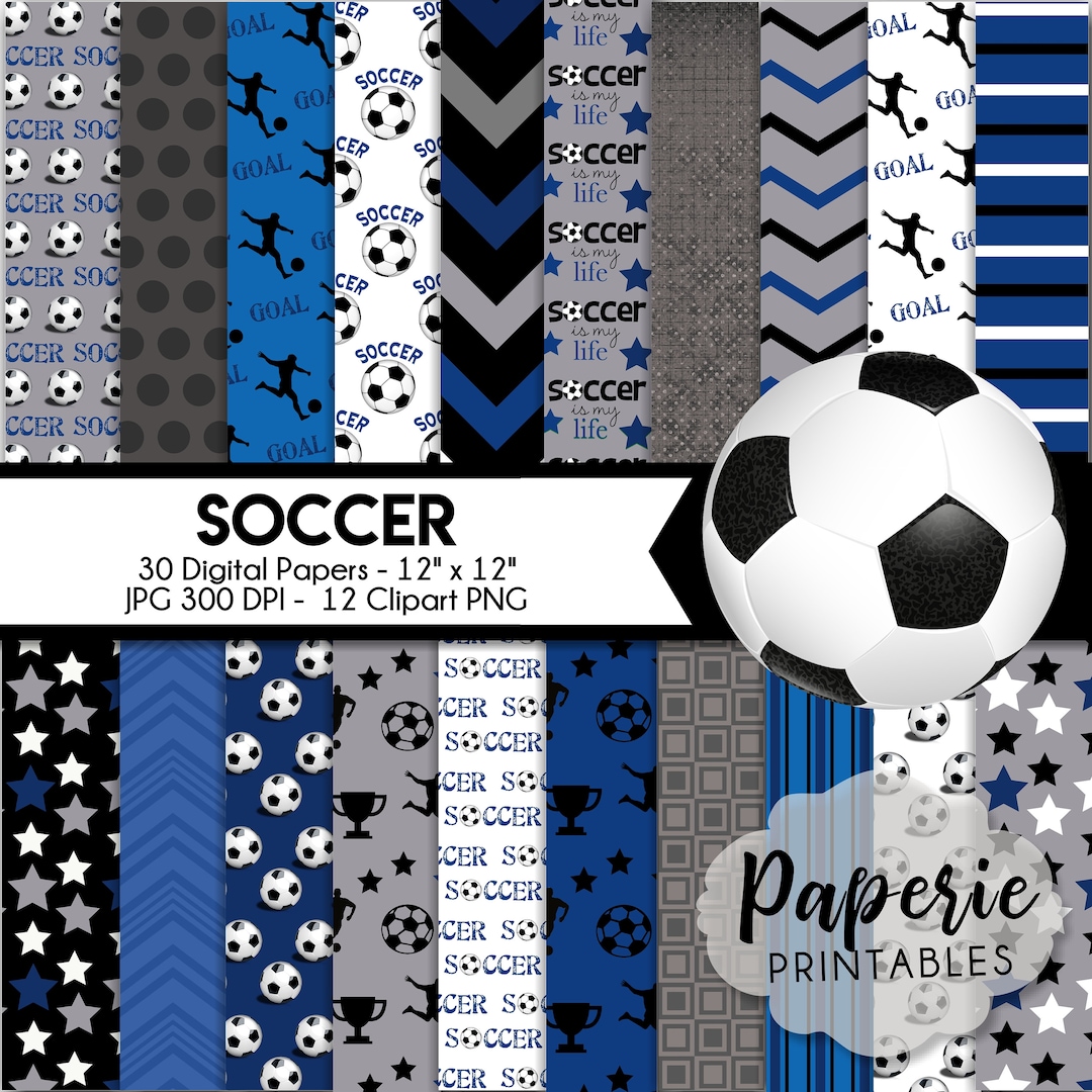 SOCCER Digital Paper 12x12 Digital Scrapbooking Paper 30 Papers SOCCER