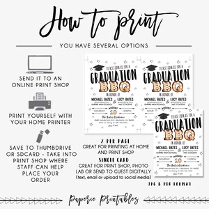 May include: A printable graduation invitation with a brown and gold design. The invitation features a graduation cap, the words "Graduation BBQ", and the text "Please join us for a graduation BBQ in honor of Michael Bates & Lucy Bates graduating from Empire High School & MIC College".