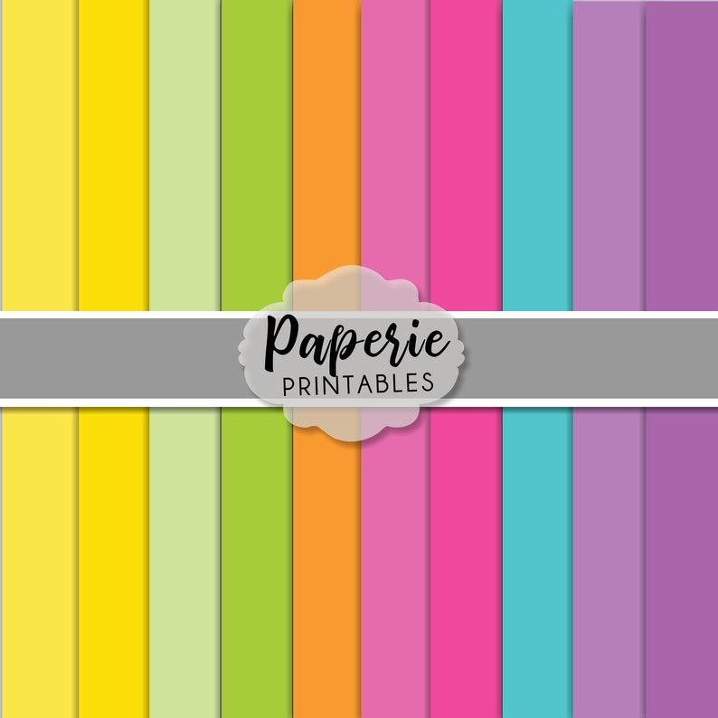 May include: A set of 12 digital paper printable backgrounds in various shades of yellow, green, orange, pink, blue, and purple. The papers are ideal for scrapbooking, card making, and other craft projects. The text "Paperie Printables" is displayed in the centre of the image.