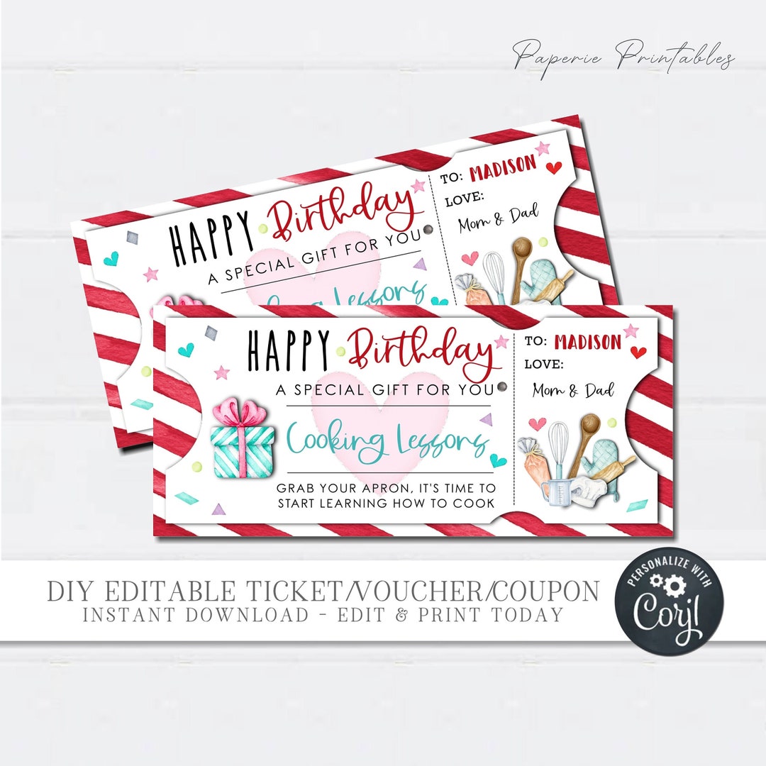 EDITABLE Cooking Lessons Gift Voucher, Birthday Gift Coupon, Cooking