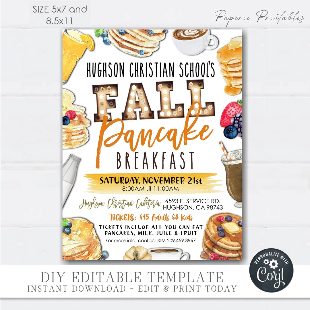 EDITABLE Pancake Breakfast Flyer, Pancake Breakfast Fundraiser ...