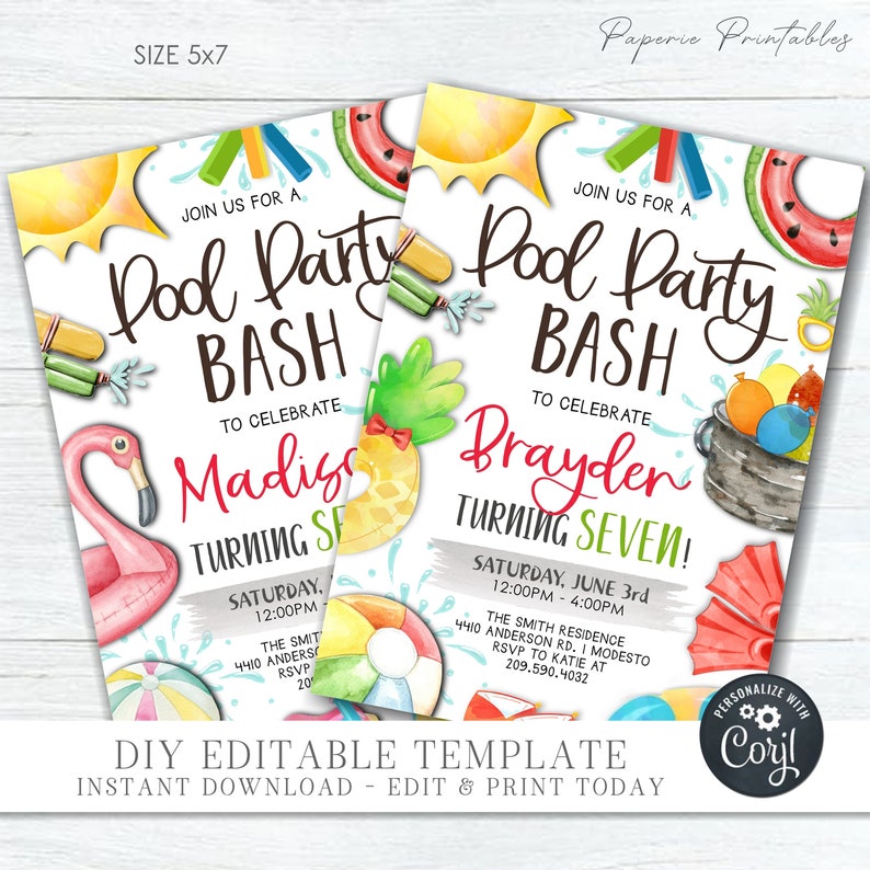 Editable Pool Party Birthday Invitation: Boy or Girl (DIY Corjl ...
